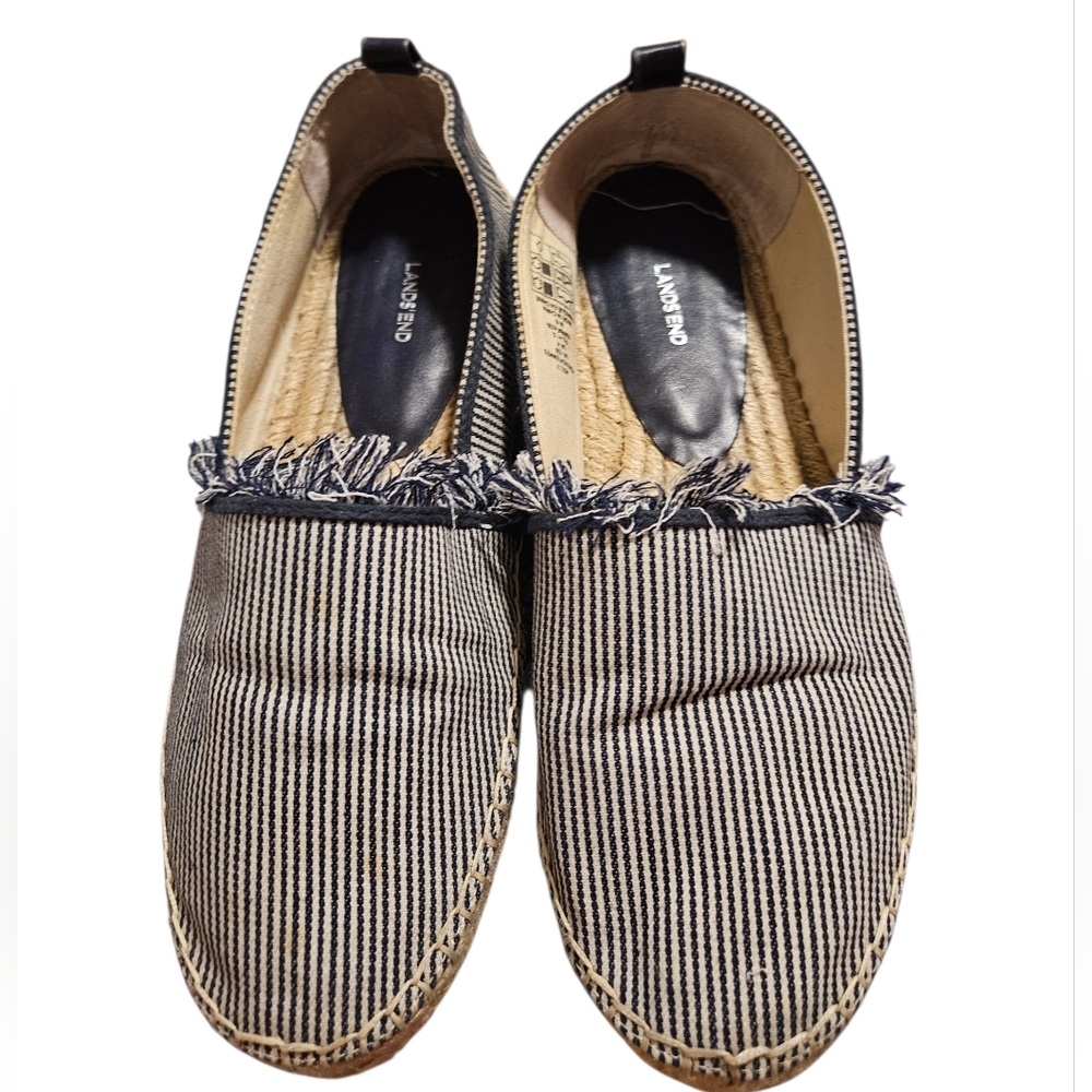 Lands End Women's Size 10B Navy Stripe Fringe Espadrilles Shoes
